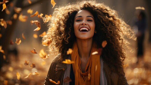 Photo une femme aux cheveux roux avec des cheveux bouclés au milieu des feuilles qui tombent avec un fond flou