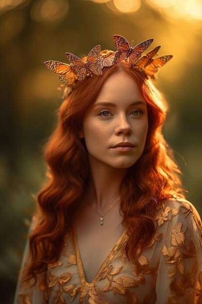 Une femme aux cheveux roux et une couronne de feuilles sur la tête