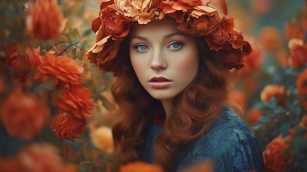 Une femme aux cheveux roux et une couronne de fleurs sur la tête