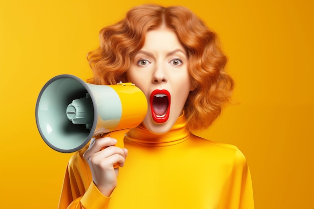 Une femme aux cheveux roux criant avec un haut-parleur sur un fond orange