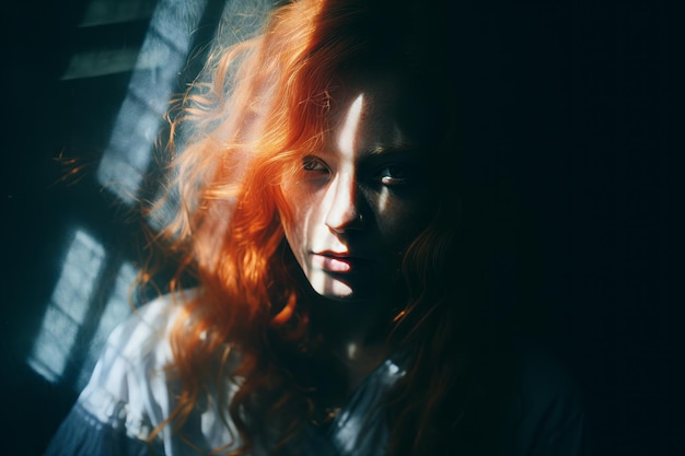 une femme aux cheveux roux dans le noir