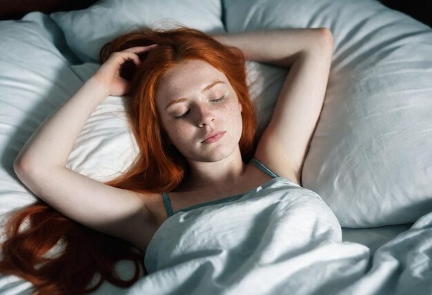 une femme aux cheveux roux dort sur un lit