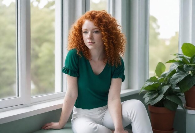 une femme aux cheveux roux est assise sur un seuil de fenêtre