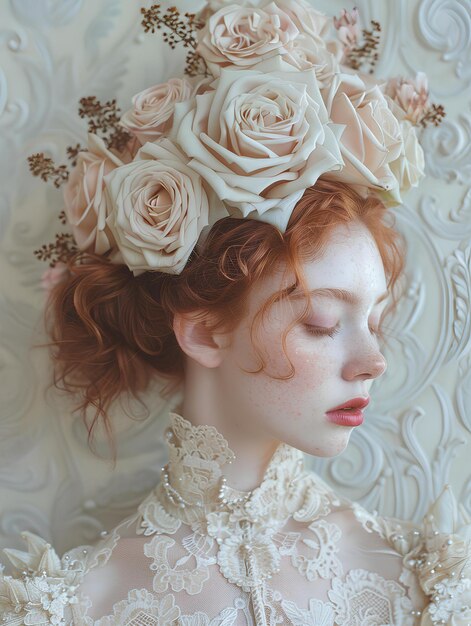 Une femme aux cheveux roux et une fleur dans ses cheveux porte une robe blanche et une fleurs dans ses cheveux
