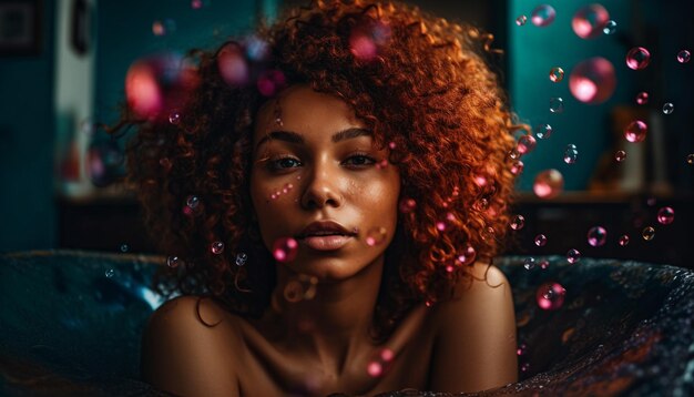 Une femme aux cheveux roux et une fleur rose dans les cheveux