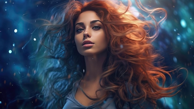 Une femme aux cheveux roux sur fond bleu