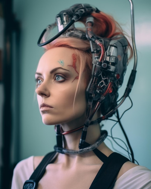 Une femme aux cheveux roux portant une tête de robot
