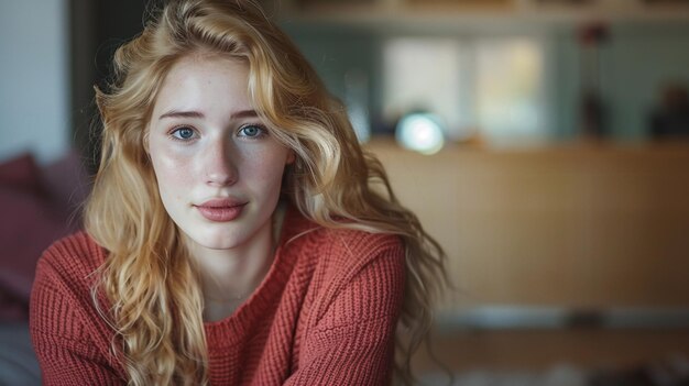 une femme aux cheveux roux et un pull rouge