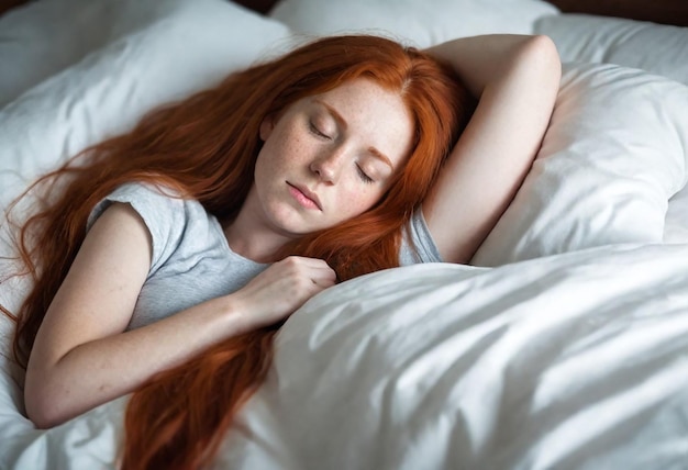 une femme aux cheveux roux qui dort dans un lit