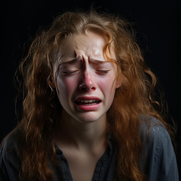 une femme aux cheveux roux qui pleure sur un fond noir.
