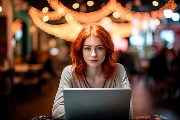 Une femme aux cheveux roux qui regarde la caméra.