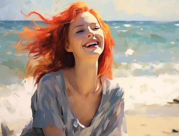 Une femme aux cheveux roux qui rit sur la plage.