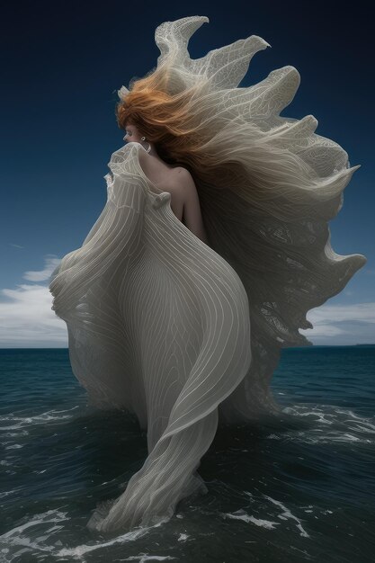 Une femme aux cheveux roux et en robe blanche se tient debout dans l'eau.