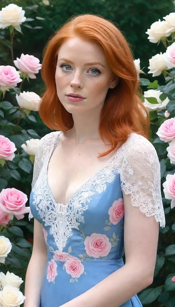 une femme aux cheveux roux et une robe bleue avec de la dentelle blanche sur le devant