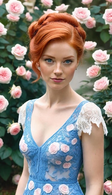 une femme aux cheveux roux et une robe bleue avec une fleur sur le devant