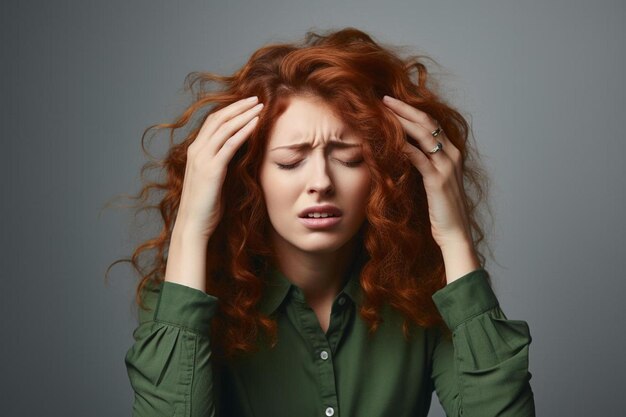 une femme aux cheveux roux se tenant la tête