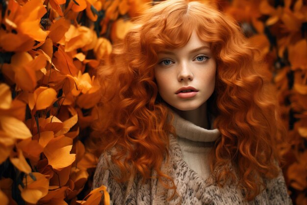 Photo une femme aux cheveux roux se tient devant un écran vibrant de fleurs d'orange.