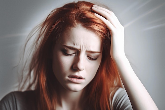 Une femme aux cheveux roux se tient la tête de douleur.