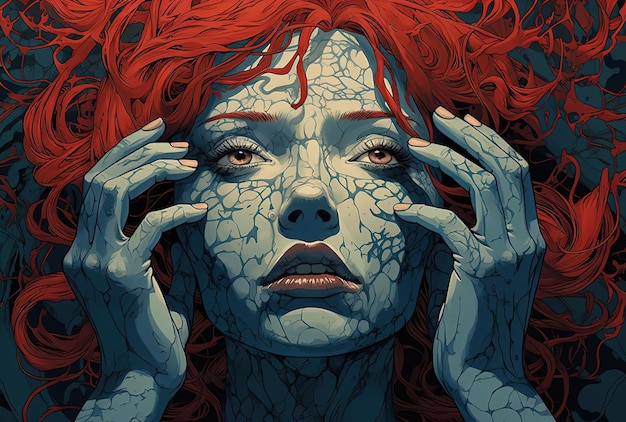 Photo une femme aux cheveux roux serrant son visage dans le style des illustrations de phénomènes psychologiques.