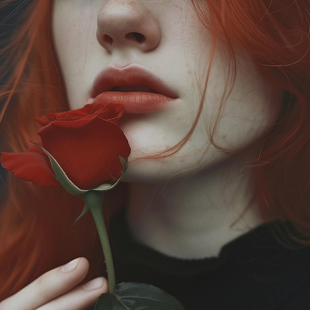 Une femme aux cheveux roux avec une seule rose rouge