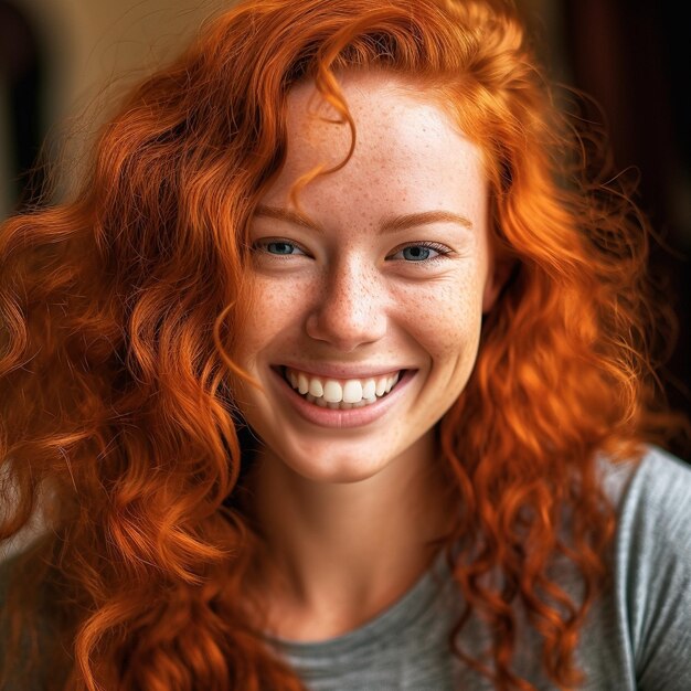 une femme aux cheveux roux souriant à la caméra.