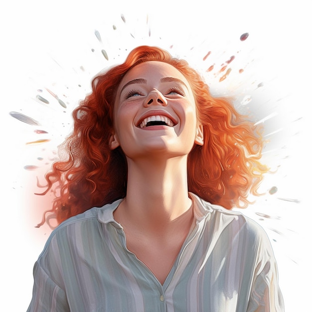 une femme aux cheveux roux souriant et riant.