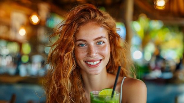 Une femme aux cheveux roux souriante avec une boisson saine dans un café rustique