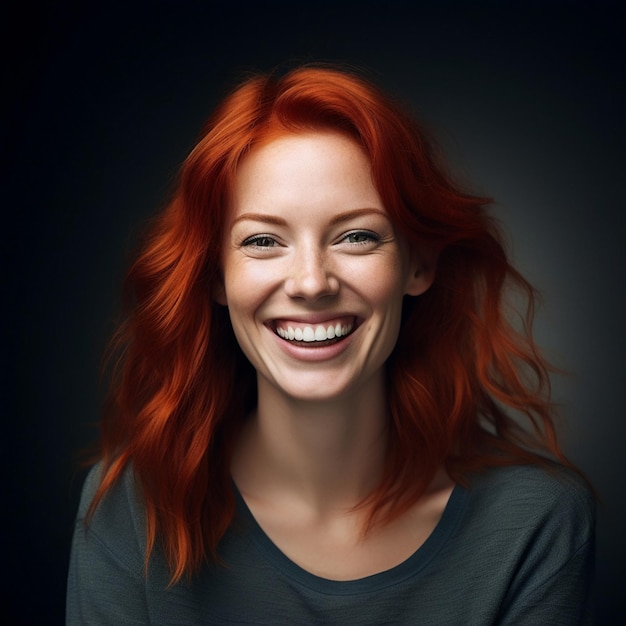 une femme aux cheveux roux souriante et portant une chemise noire.