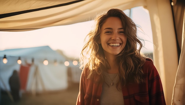 Une femme aux cheveux roux sourit et porte une chemise blanche.