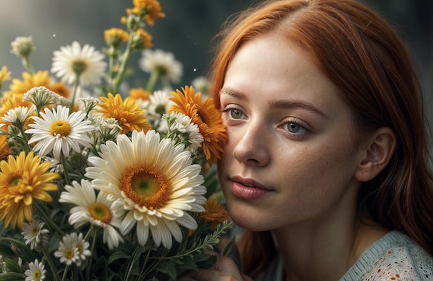 une femme aux cheveux roux tenant un bouquet de fleurs