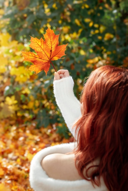 Femme aux cheveux roux tenant une feuille d'érable dans la forêt d'automne vue arrière