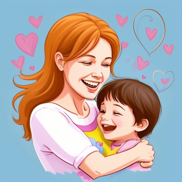 une femme aux cheveux roux tient un enfant avec des cœurs roses sur son épaule