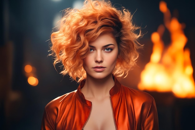 Femme aux cheveux roux et à la veste en cuir posant pour une photo. IA générative.