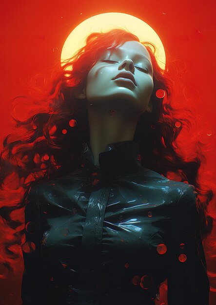 Photo une femme aux cheveux roux et une veste noire pose avec une lumière sur la tête