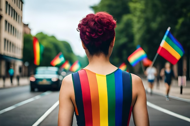 Une femme aux cheveux roux et vêtue aux couleurs du drapeau lgbtq générative Ai