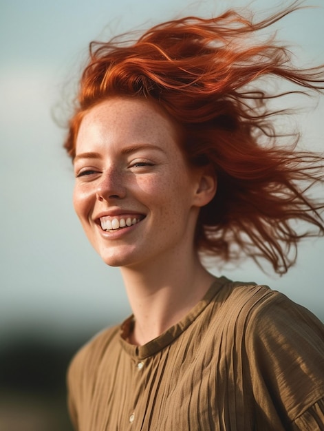 une femme aux cheveux roux volant au vent.