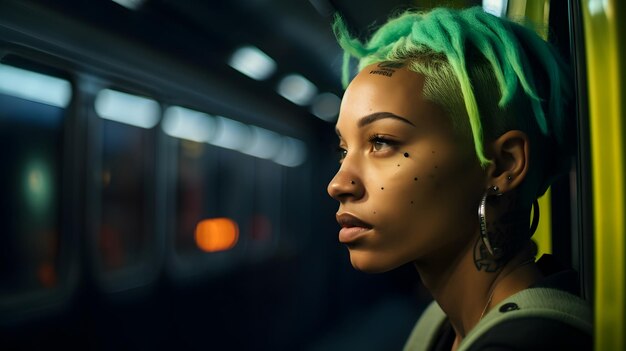Une femme aux cheveux verts regarde par la fenêtre du métro.