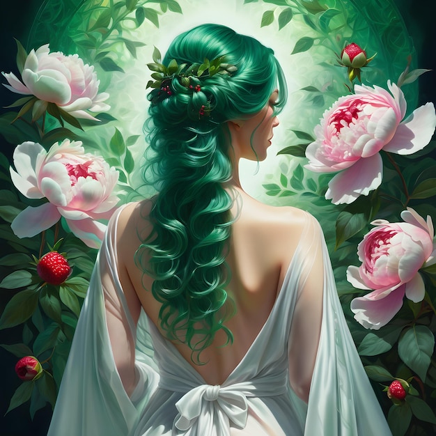 une femme aux cheveux verts et une robe blanche avec des fleurs en arrière-plan