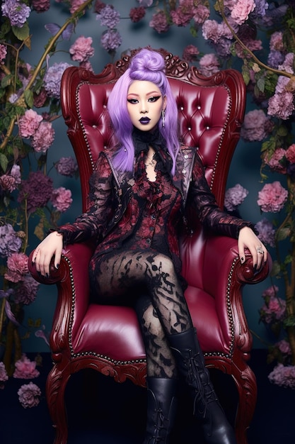 Une femme aux cheveux violets et aux cheveux violets est assise sur une chaise rouge