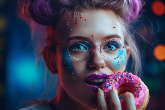 Une femme aux cheveux violets et aux lunettes mange un beignet rose.