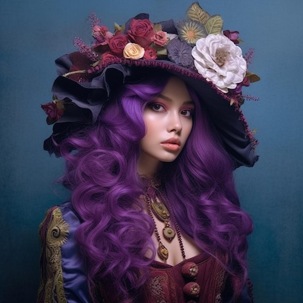 Une femme aux cheveux violets et un chapeau avec des fleurs dessus.