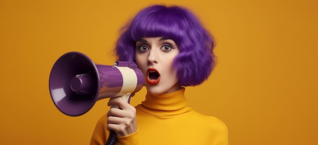 Une femme aux cheveux violets et un mégaphone