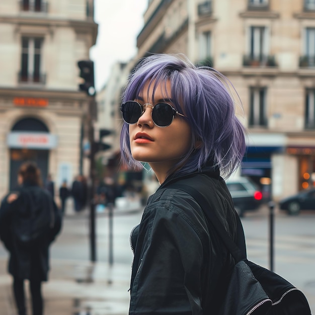 Photo une femme aux cheveux violets portant une veste noire et des lunettes de soleil