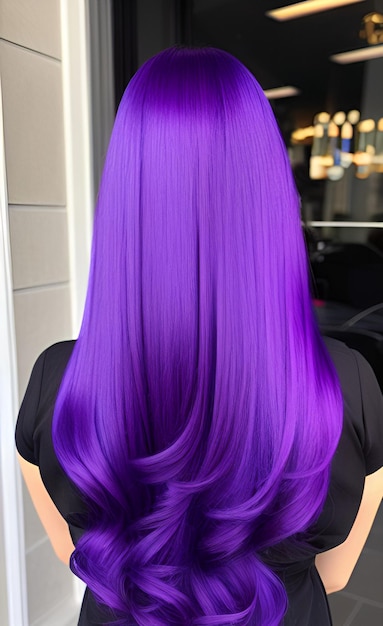 Une femme aux cheveux violets qui porte une longue perruque violette.