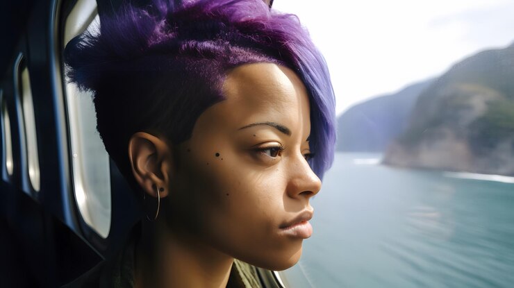 Photo une femme aux cheveux violets regarde par la fenêtre.