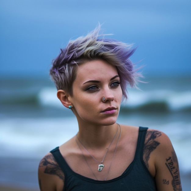 une femme aux cheveux violets et un tatouage sur le bras