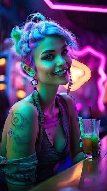 une femme aux cheveux violets et un tatouage d'une femme avec un tatouage vert sur son bras