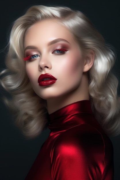 Photo une femme aux lèvres rouges et au maquillage pour la beauté et la mode créée avec une ia générative