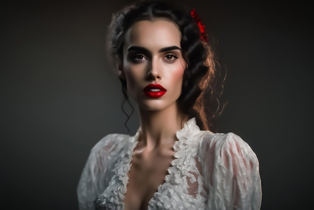 Une femme aux lèvres rouges et au rouge à lèvres regarde la caméra.