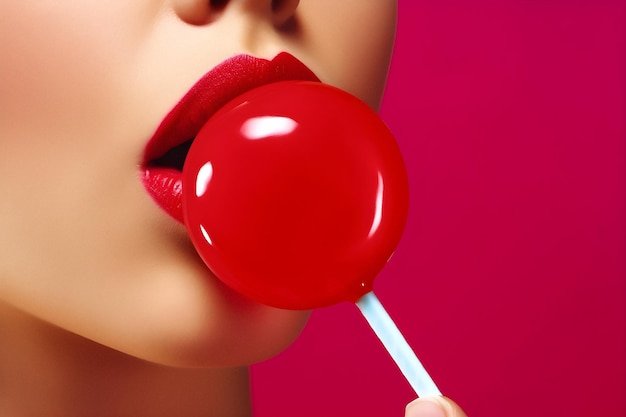 Une femme aux lèvres rouges et au rouge à lèvres tient une sucette dans sa bouche.